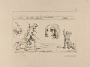 Sketches of fox hunting, a rabbit, a dog, and a child drawing on a wall