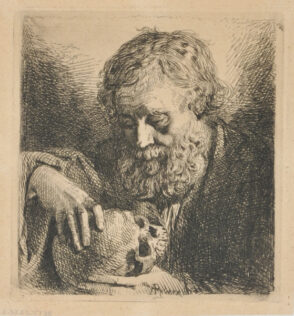 Bust of a bearded man contemplating a skull
