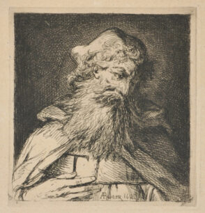 Bust of a man with a long beard, hand on breast