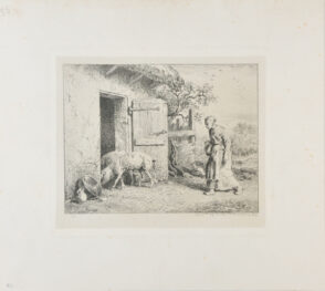 Femme faisant rentrer des porcs dans une porcherie