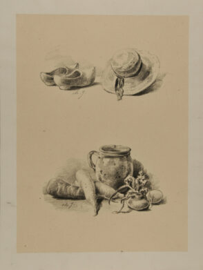 Wooden shoes and a hat, vegetables and a jug