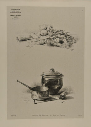 Onions and carrots, two pots and a ladle