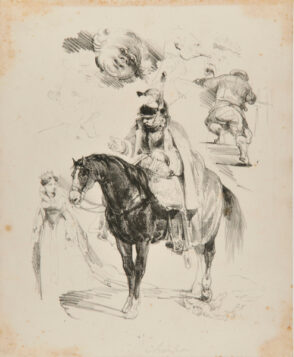 Sheet of sketches: soldier on horseback in center