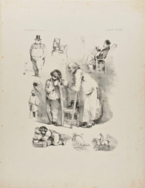 Sheet of sketches: old man and young boy in the center