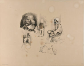 Sheet of five sketches: head of a man; boy from the back; seated arab; woman; beggar