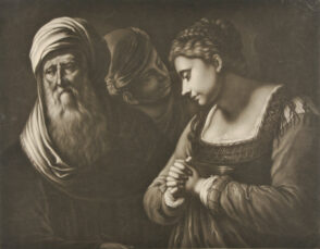 Three figures, including woman with clasped hands