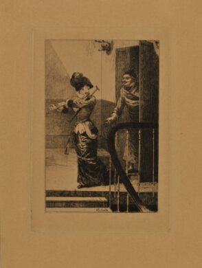 Woman Walking Out of an Apartment while Putting on Gloves – Man Looks after Her