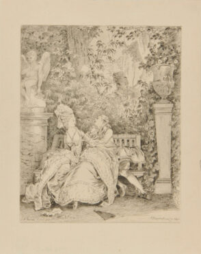 Man and woman sitting on a bench in garden