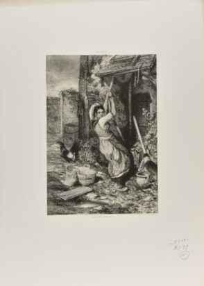 Vieille femme tirant au puits