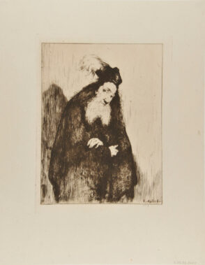 Old man with plumed hat, arms folded in front