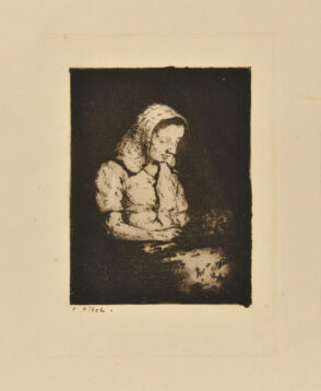 Young woman with head bent, seen from the right