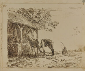 Chevaux de labour, près d’un hangar