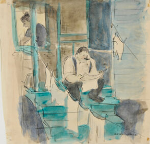 Man Sitting on Stoop Reading the Paper