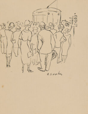 Large Gathering in Front of Trolley