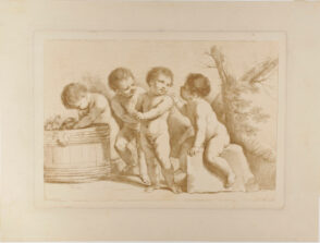 Group of Four Children, One Looking into a Tub with Grapes