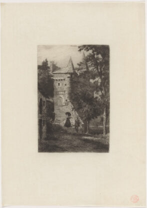 Man and woman descending the steps of a château