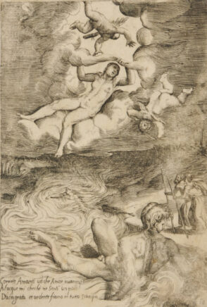 “Correte Amanti —” (Venus and two cupids in the clouds)