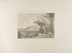 Italian Landscape; Lake to Left, with Fallen Trees in Foreground and Mountains in Distance