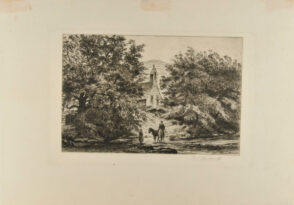 Landscape with Church; Man Watering Horses in Stream