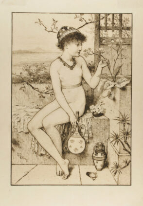 Nude Girl, Holding Racquet, Sitting on Stone Bench