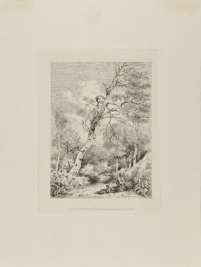 Man Tying a Bundle of Sticks, with His Dog in the Woods