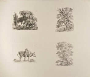 English Garden with Willow and Urn (upper left); Ox Scratching against a Gnarled Oak (upper right); Gnarled Oak with Flute-Playing Shepherd Sitting on Branch (lower right); Young Shepherd with a Cow (lower left)