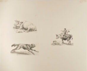 Resting Cow Facing Left, with Trees Beyond (upper left); Running Dog (lower left); Boy Riding a Cow (right)