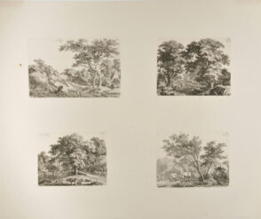 Wide Road with Cowherd and Two Cows (upper left); Forest Landscape with a Stream and a Man in a Canoe (upper right); Two Cattle by a Ditch with a Wooden Bridge (lower right); Forest Landscape with a Stone Bridge and Two Cattle (lower left)