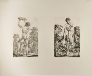 Nude Man Holding Aloft a Bowl (left); Nude Man Leading on Boulders (right)