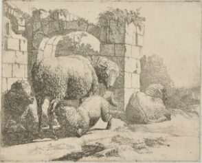 Sheep at Center with Drinking Lamb in Front of Roman Arch