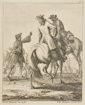 Man on Foot Talking to Two Men on Horseback