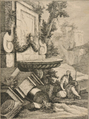 Figure Sitting Next to a Fountain