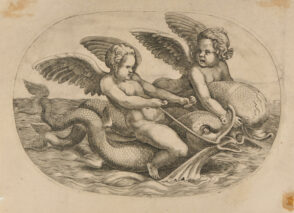 Two Cupids Riding on Dolphins