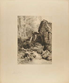 Water Mill with Girl Drawing Water from Stream Below