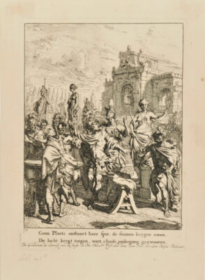 Four illustrations for the 1668 tragedy ‘Dido’s Death’ by Andries Pels: Act II, the deliberation of Aeneas and his followers interrupted by Dido and Anna.