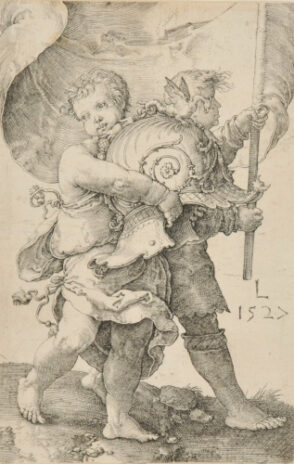 Two Boys with a Helmet and a Standard