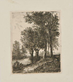 Landscape with Group of Four Trees at Right, Birds Flying Overhead
