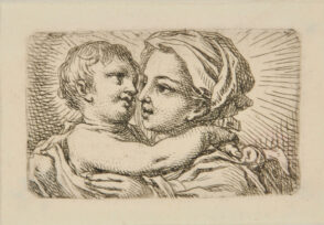 Head and Shoulders of Virgin, Turned to Left, Holding Child with Arms About Her Neck