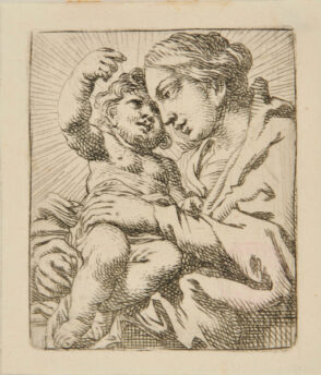 Virgin, Turned to Left, Holding Child with Right Arm Upraised