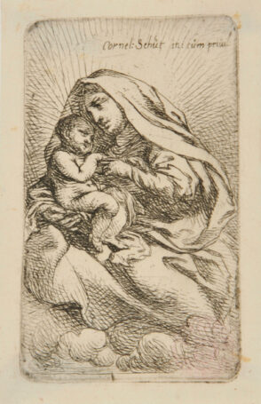Virgin, Turned to Left, with Cloak over Her Head, Holding Child on Her Arm