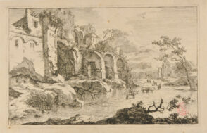 Man Driving Cattle Through River, Ruined Building on Left