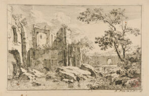 Man and Ox Fording a Stream Near Some Ruins