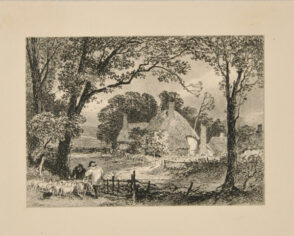 Peasant Driving Flock of Sheep to Thatched Farmhouse