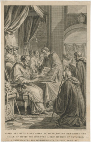 Guido Aretinus a Benedictine Monk, Having Reformed the Scale of Music and Invented a New Method of Notation, Communicates His Improvements to Pope John XX