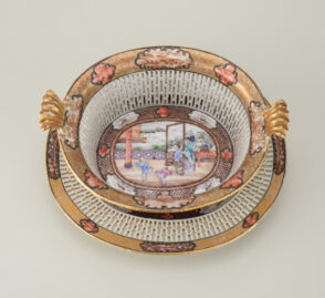 Export Basket and Stand Decorated with Scenes of Chinese Women