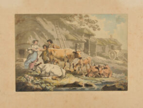 Man, Woman, and Boy, with Cattle In Front of a Stable