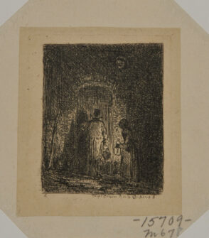 Man and woman holding lantern before a door