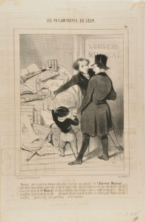 Sir… here is what we will be giving this year as a bonus to the subscribers of the Musical Universe… 125 albums that you can have bound, some more magnificently than others. Eleven portraits of Mr. Musard, at differfent ages, but always with the same black suit. Three trumpets, more or less in key. Forty admission tickets, even exit tickets, for each of our concerts…Eighty seven musical scores…and a reed pipe.