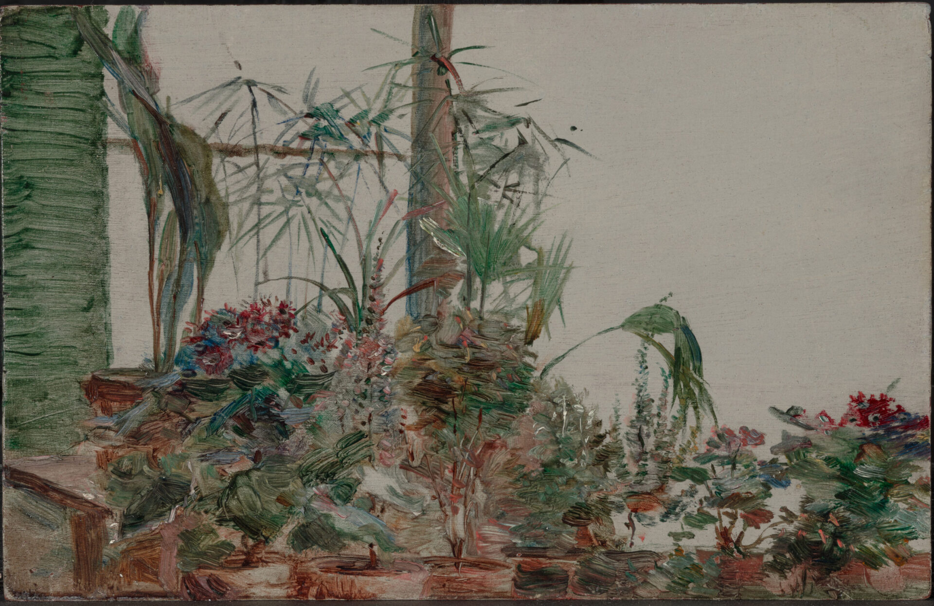 A petite painting depicting a lush, vibrant potted garden filled with various plants and flowers, showcasing a mix of green foliage and colorful blossoms.