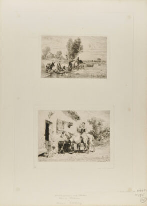 Sheet with two plates: Washerwomen and Horses near a Stream; Horses Feeding